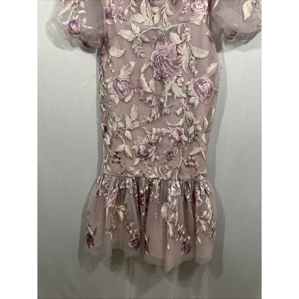 NEW $795 Marchesa Notte [ 6 ] Embroidered Puff Sleeve Midi Dress Rose Pink J2151 - Picture 10 of 15